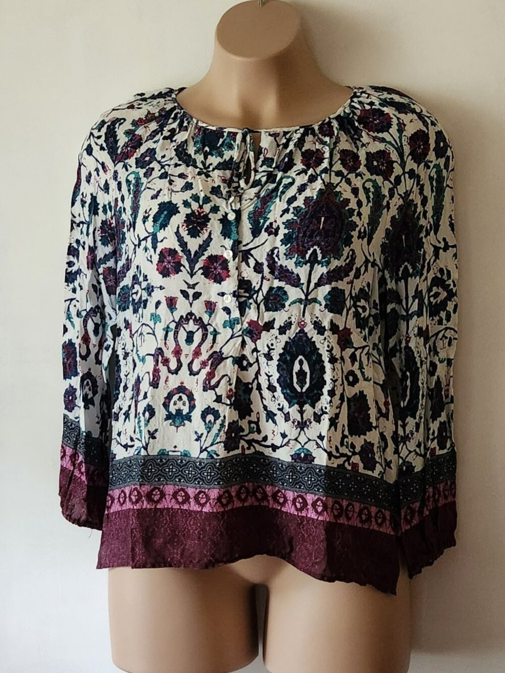 Lucky Brand vintage blouse sz XL boho style long sleeve purple teal GUC